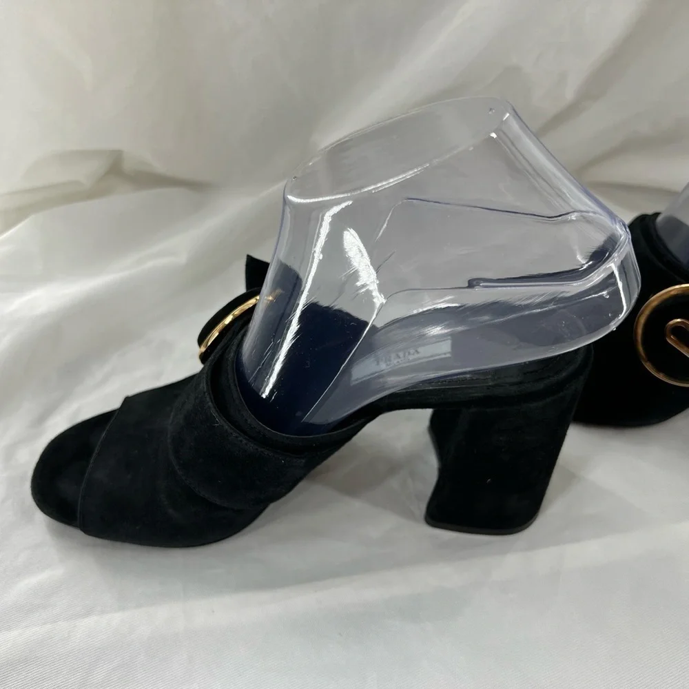 PRADA MILANO BLACK SUEDE CHUNKY HEEL SANDAL BLACK SIZE 37 EUR SIZE 6.5 US - Picture 12 of 16